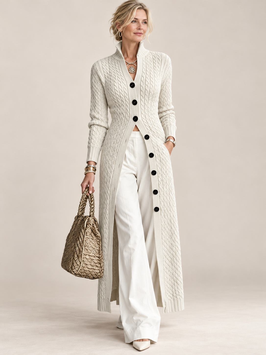 Women's Stand Collar Cable Knit Long Cardigan