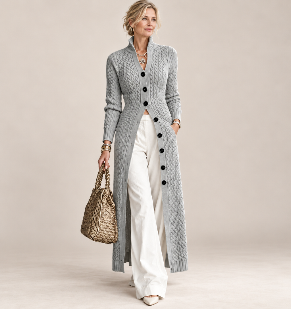 Women's Stand Collar Cable Knit Long Cardigan