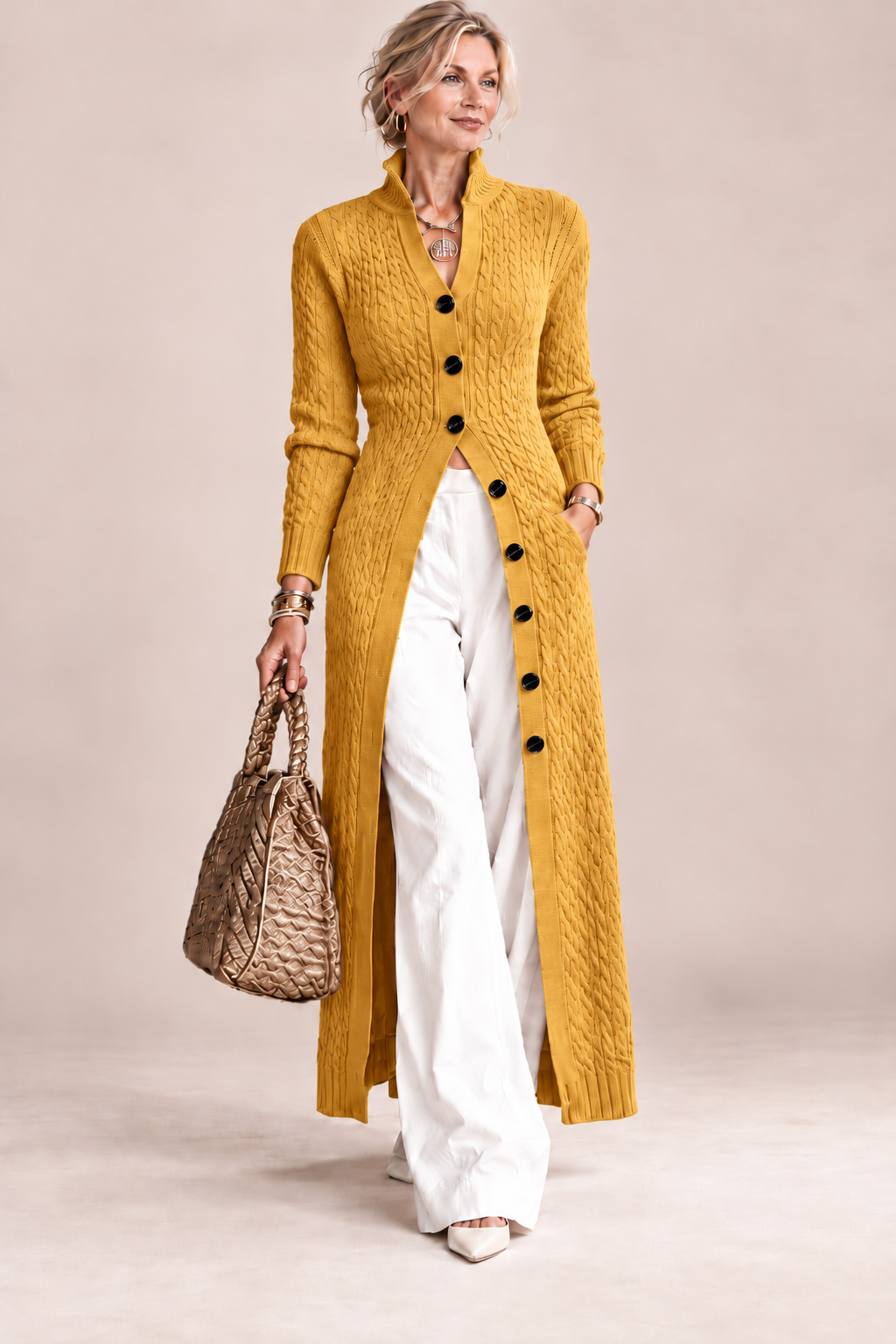 Women's Stand Collar Cable Knit Long Cardigan